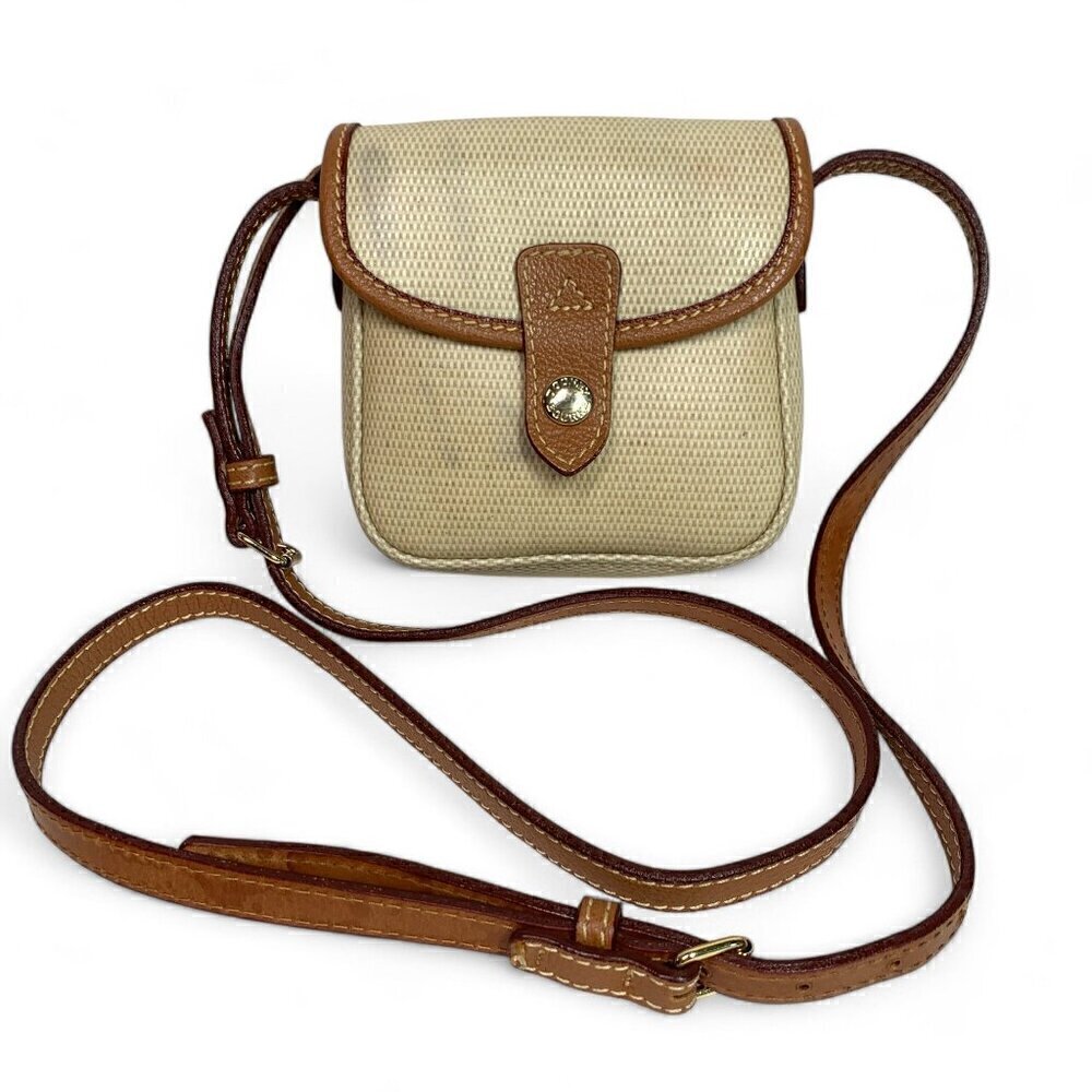 Vintage Dooney & Bourke Small Front Flap Crossbody Bag Beige Canvas Tan Trim